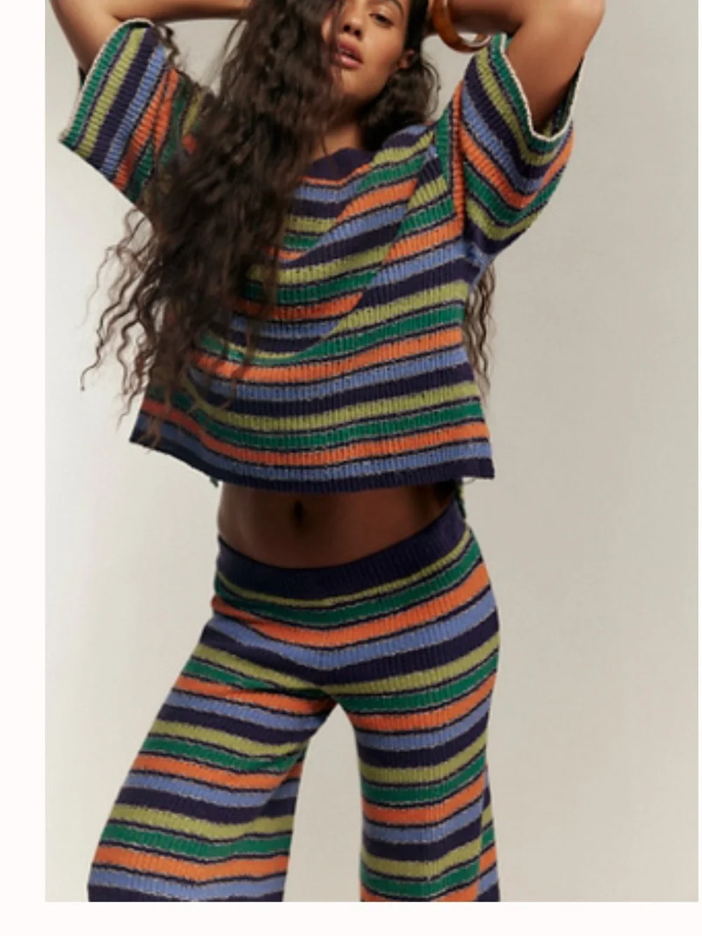 Free People Striped Knit Pajama Set in Blue, Green, Orange, and Purple